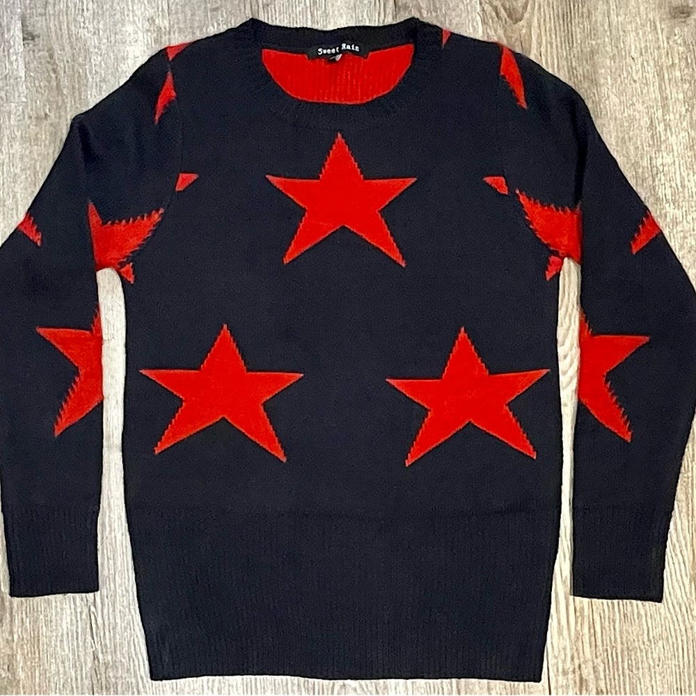 Mod Cloth Star Sweater Navy and Red